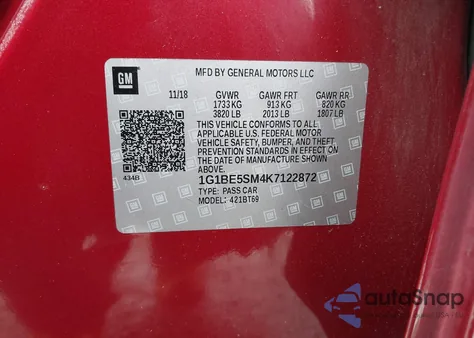 2019 Chevrolet Cruze Lt from USA, damaged, VIN 1G1BE5SM4K7122872